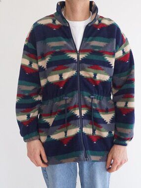 Vintage R&R Navy Green Red Western Aztec Pattern Full Zip Fleece Jacket Tribal M
